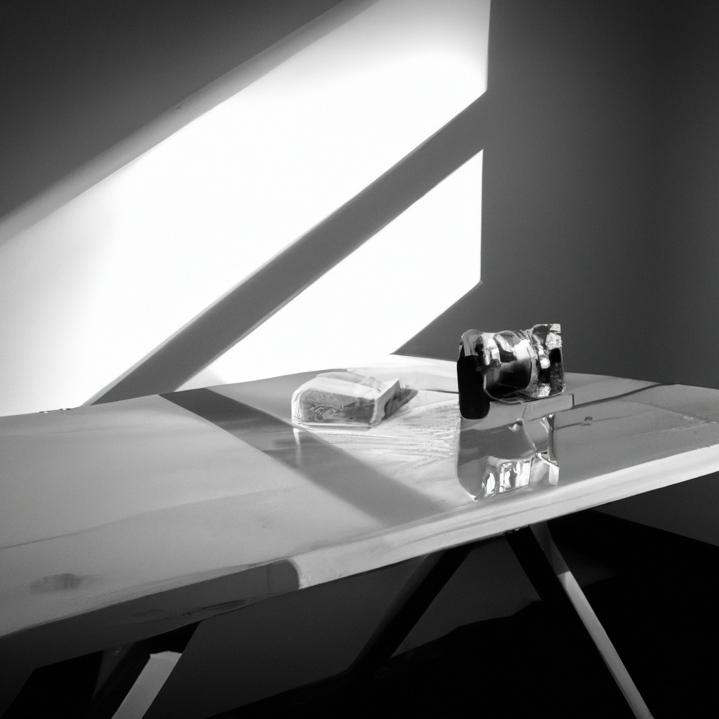 Minimalistische kunstfotografie studio in Antwerpen met zacht raamlicht, schaduwen en Leica-camera op houten tafel